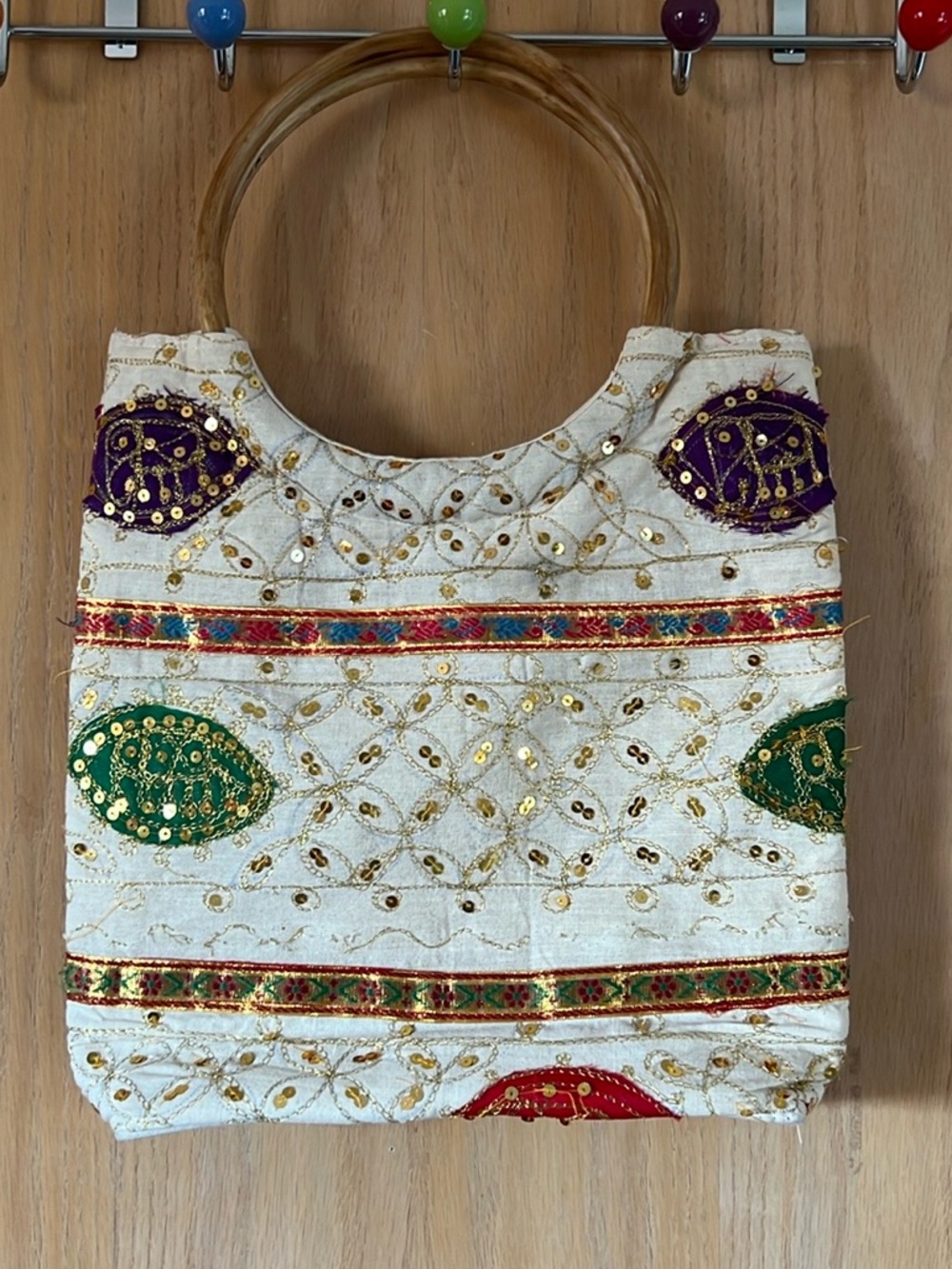 Ivory Embroidered Tote with Wooden Handles